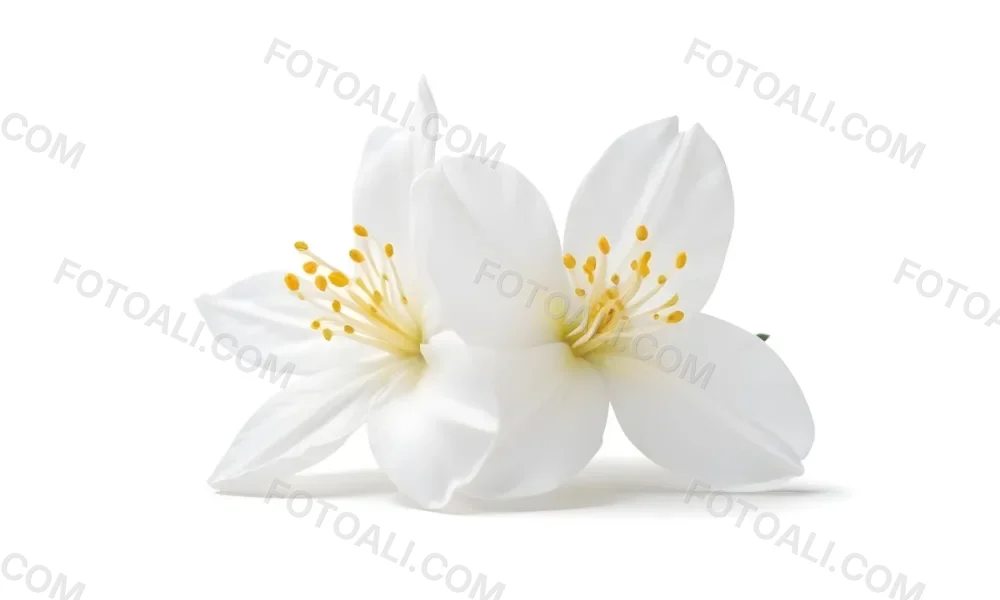 Two Jasmine Flowers With Yellow Petals And White Stamens Close Up Shot Soft Lighting Against A Plain White Background Focus On The Delicate Details Of The Flower 8 E5b7