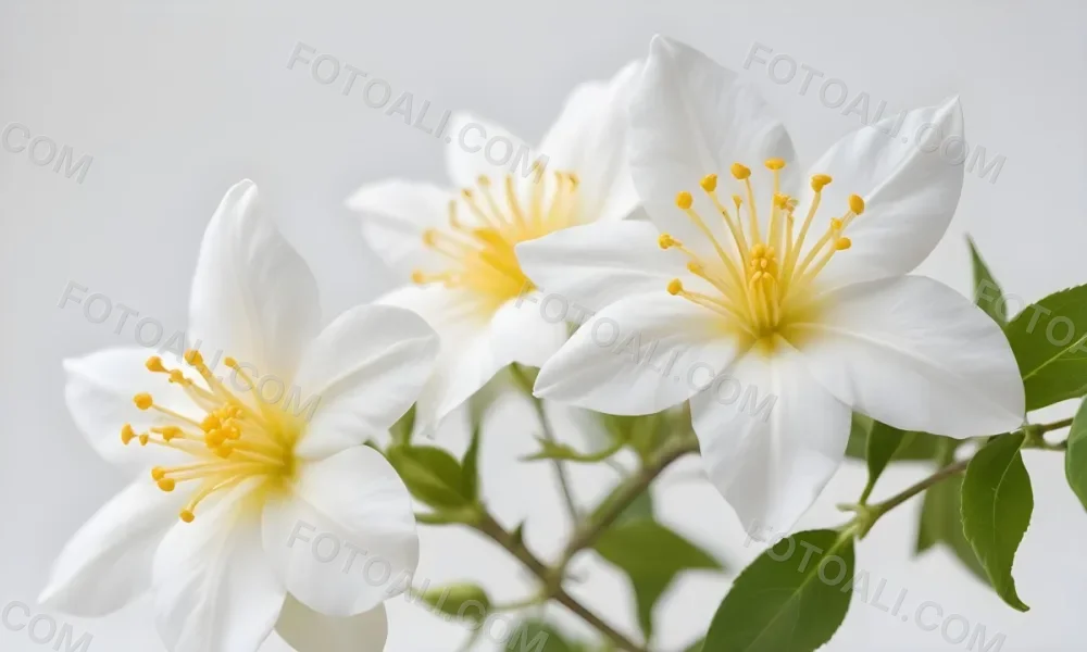 Two Jasmine Flowers With Yellow Petals And White Stamens Close Up Shot Soft Lighting Against A Plain White Background Focus On The Delicate Details Of The Flower 9 0a82