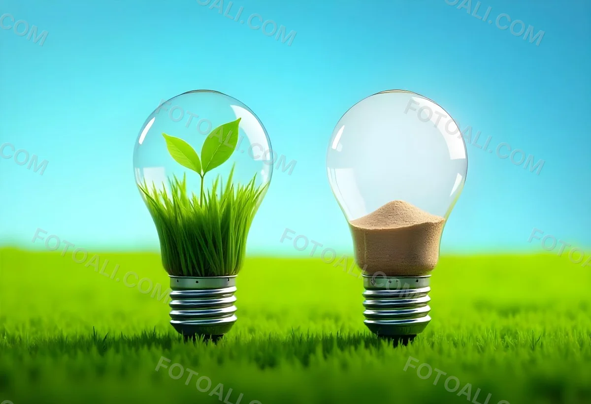 Two Light Bulbs One With Green Grass And Leaves Growing Out Of It The Other Filled With Sand On A Green Field With A Blue Sky 30 1d79