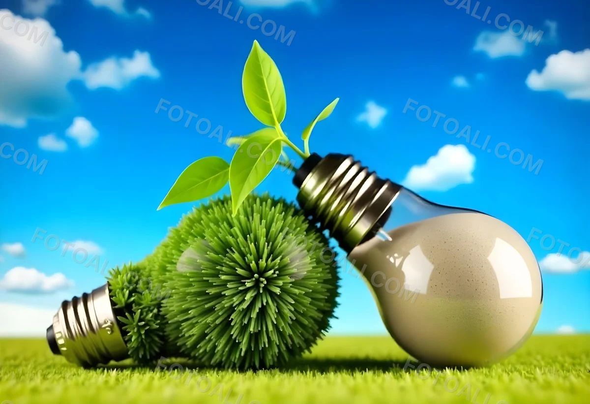 Two Light Bulbs One With Green Grass And Leaves Growing Out Of It The Other Filled With Sand On A Green Field With A Blue Sky 32 6bac