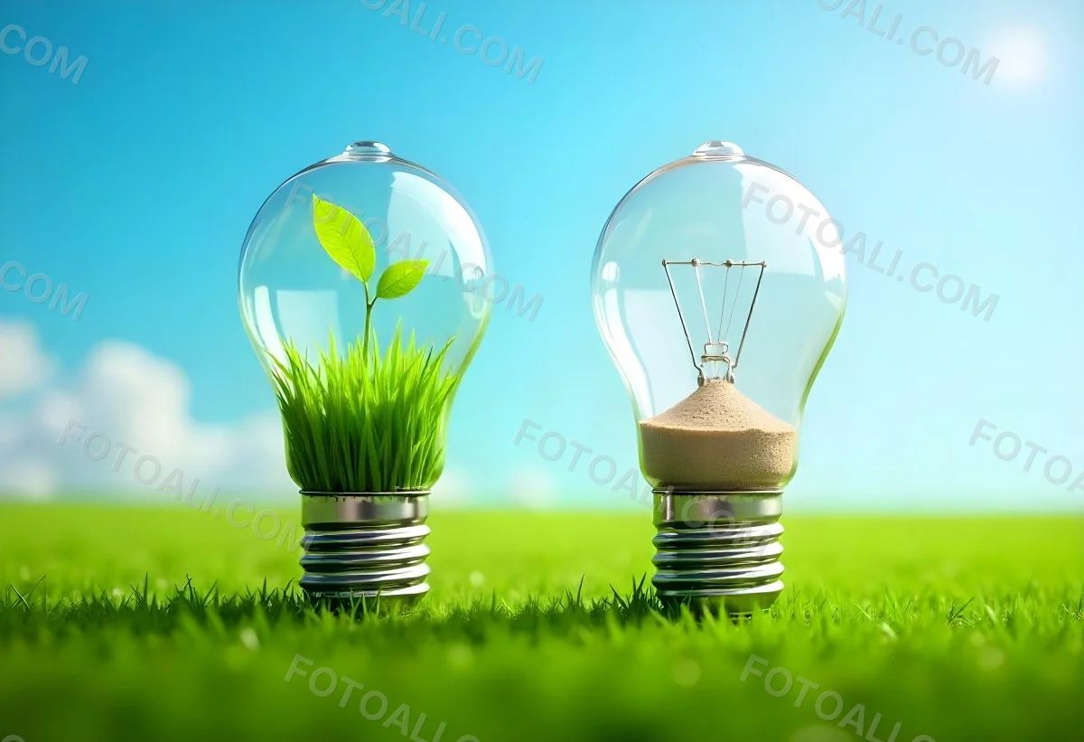 Two Light Bulbs One With Green Grass And Leaves Growing Out Of It The Other Filled With Sand On A Green Field With A Blue Sky 37 7dab