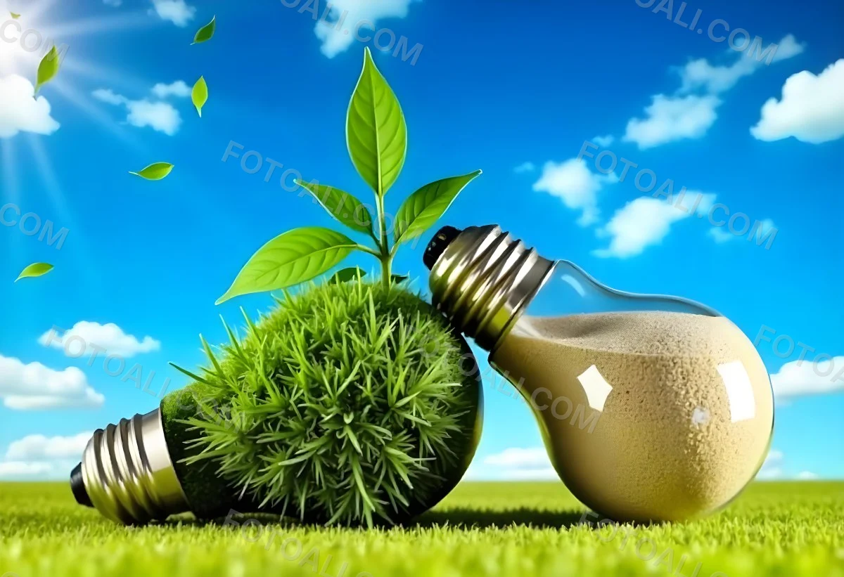 Two Light Bulbs One With Green Grass And Leaves Growing Out Of It The Other Filled With Sand On A Green Field With A Blue Sky 43 10e7