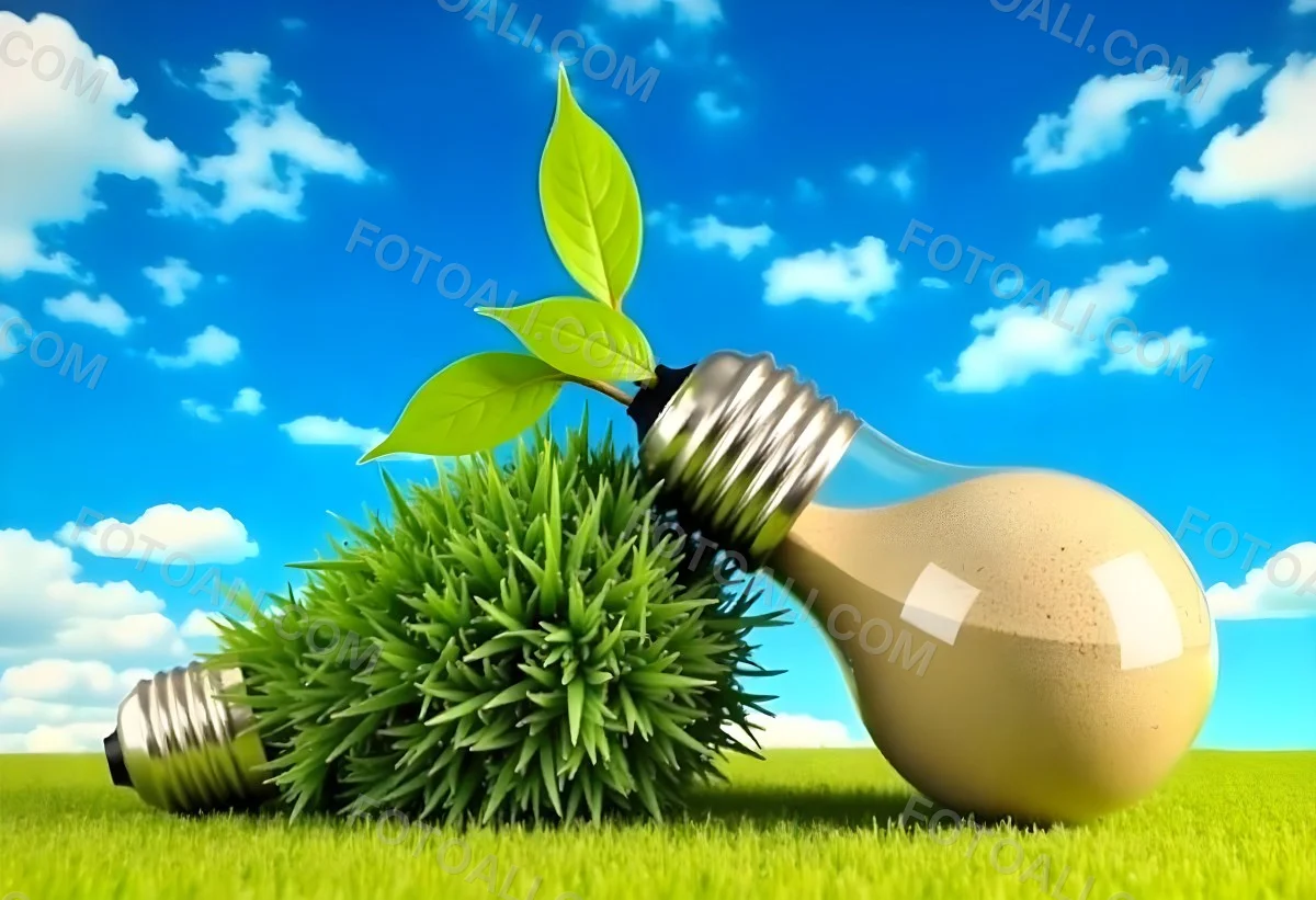 Two Light Bulbs One With Green Grass And Leaves Growing Out Of It The Other Filled With Sand On A Green Field With A Blue Sky 44 D89b