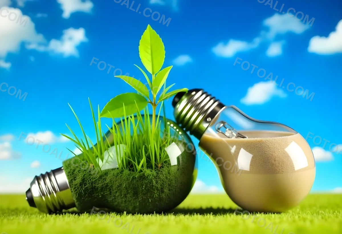 Two Light Bulbs One With Green Grass And Leaves Growing Out Of It The Other Filled With Sand On A Green Field With A Blue Sky 46 6acb