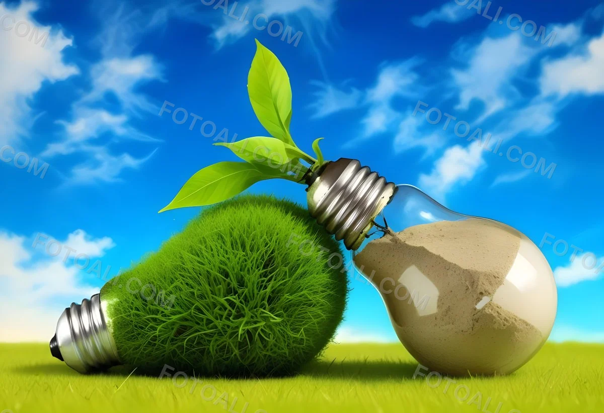 Two Light Bulbs One With Green Grass And Leaves Growing Out Of It The Other Filled With Sand On A Green Field With A Blue Sky 55 5b70