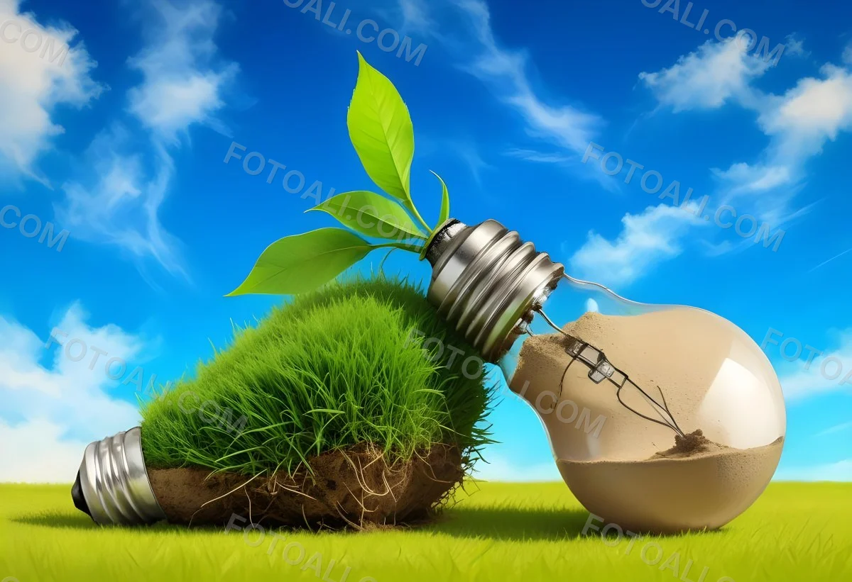 Two Light Bulbs One With Green Grass And Leaves Growing Out Of It The Other Filled With Sand On A Green Field With A Blue Sky 59 2f0f