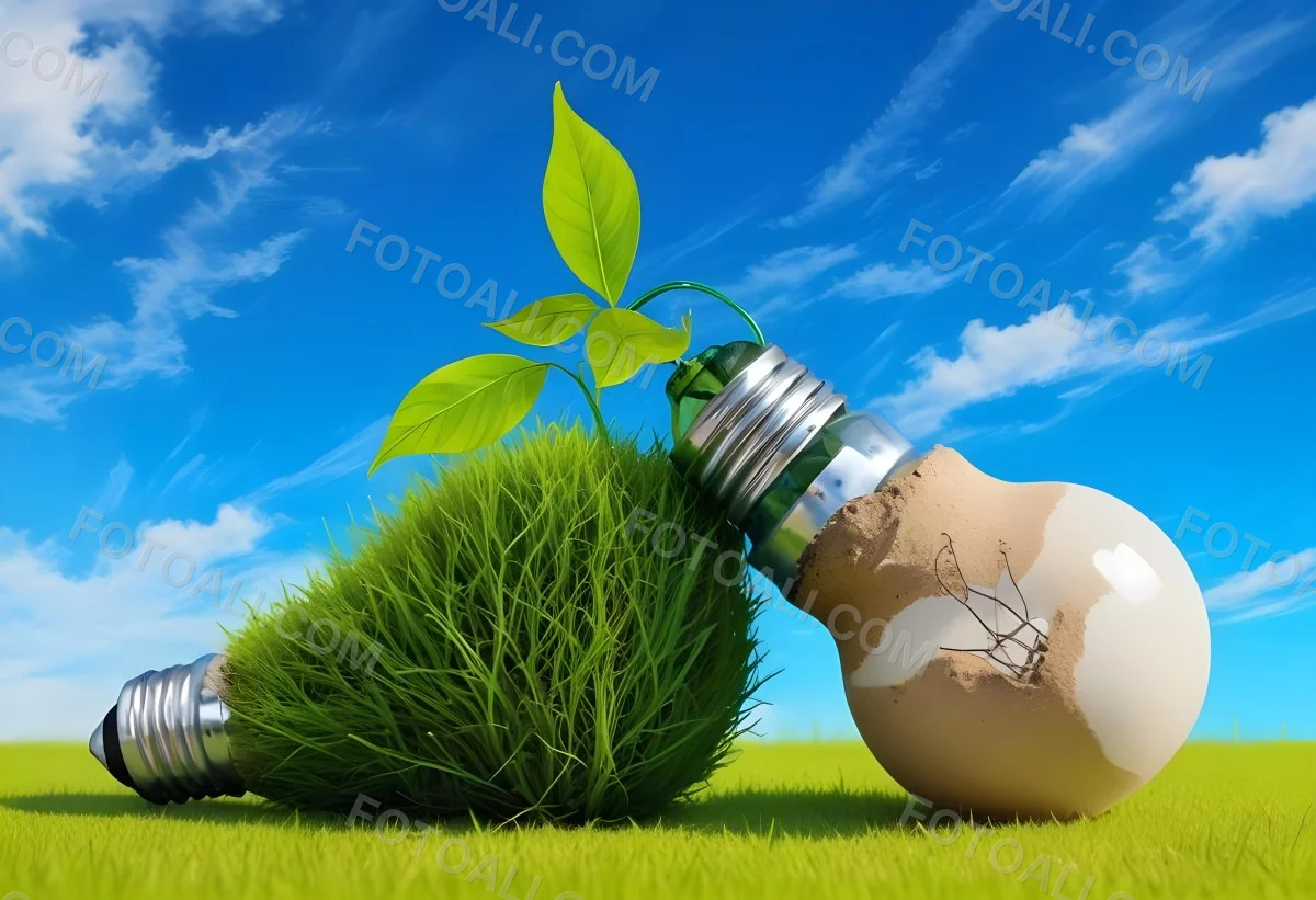 Two Light Bulbs One With Green Grass And Leaves Growing Out Of It The Other Filled With Sand On A Green Field With A Blue Sky 61 E820