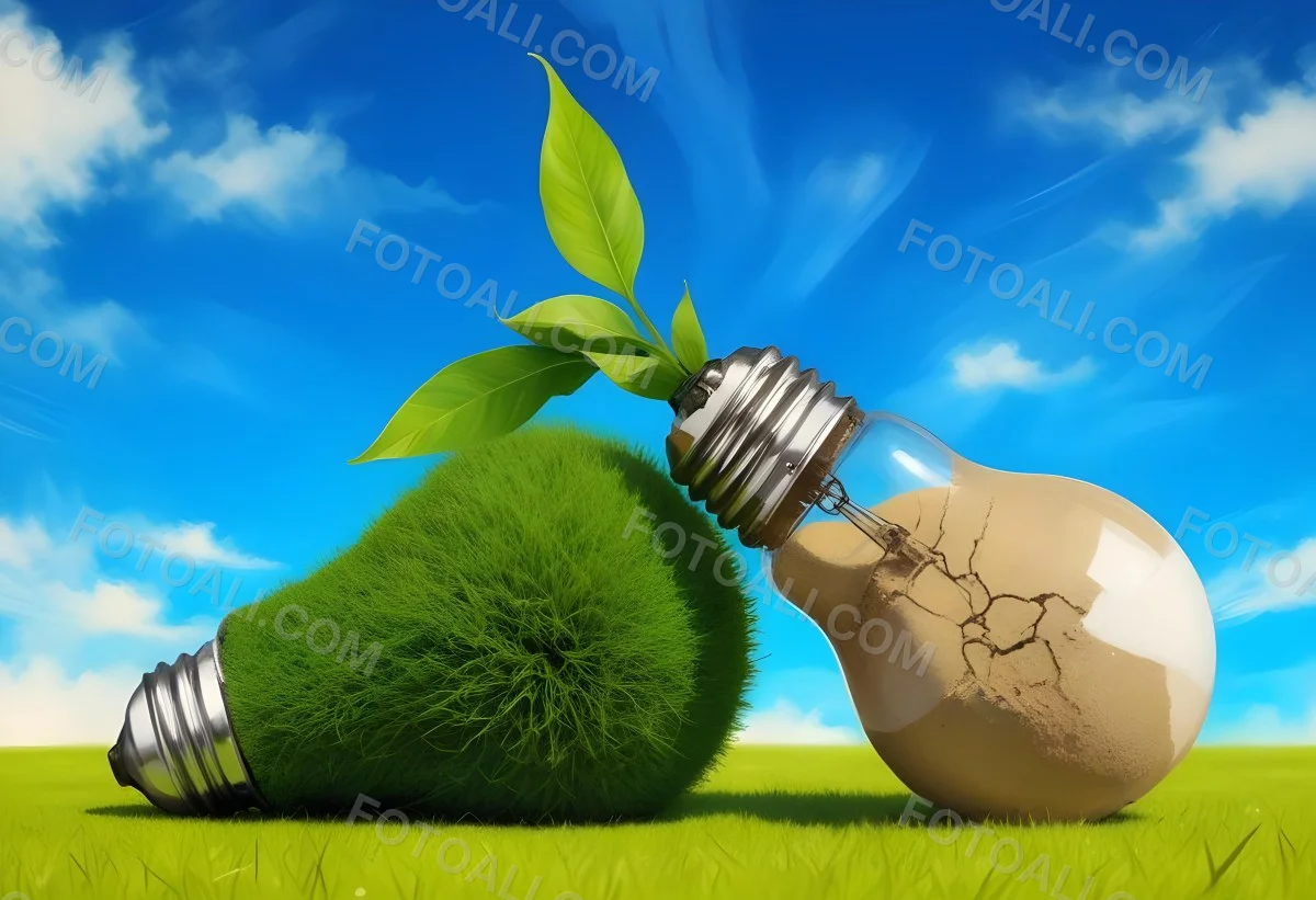 Two Light Bulbs One With Green Grass And Leaves Growing Out Of It The Other Filled With Sand On A Green Field With A Blue Sky 71 986a
