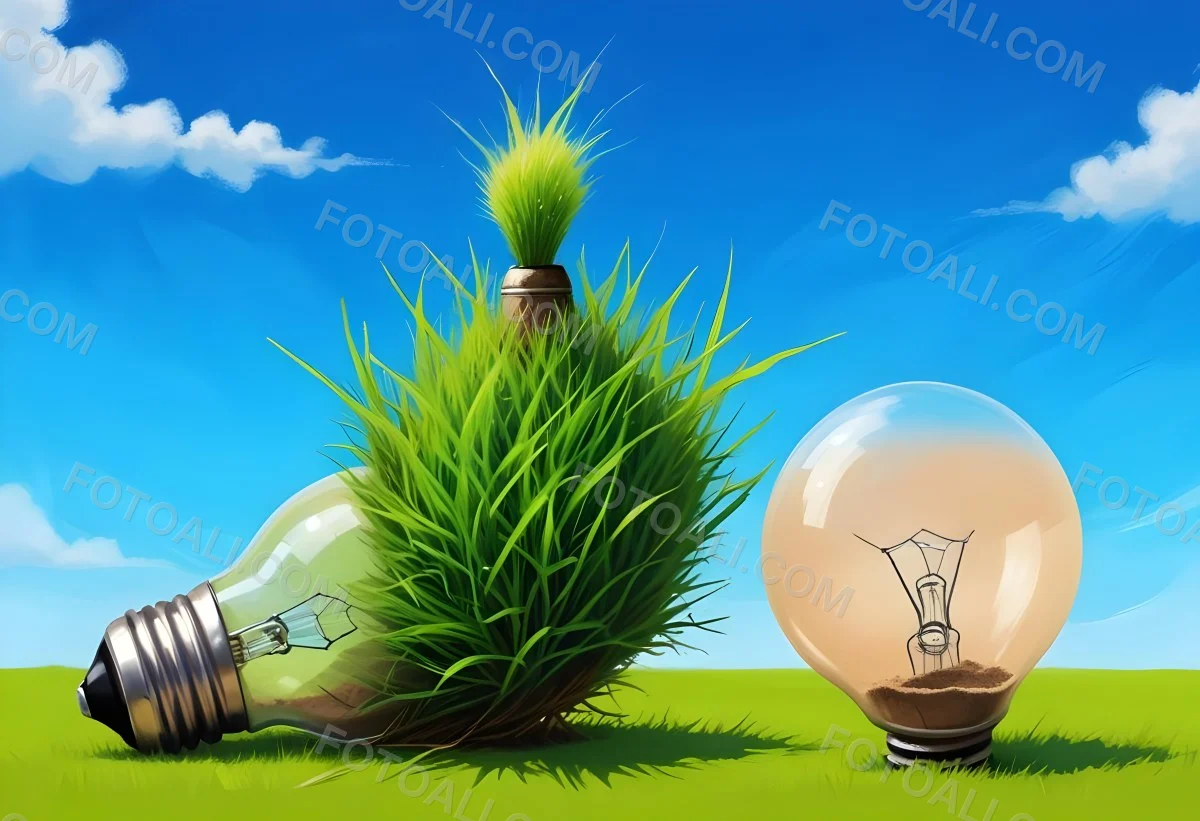 Two Light Bulbs One With Green Grass And Leaves Growing Out Of It The Other Filled With Sand On A Green Field With A Blue Sky 72 F9c5