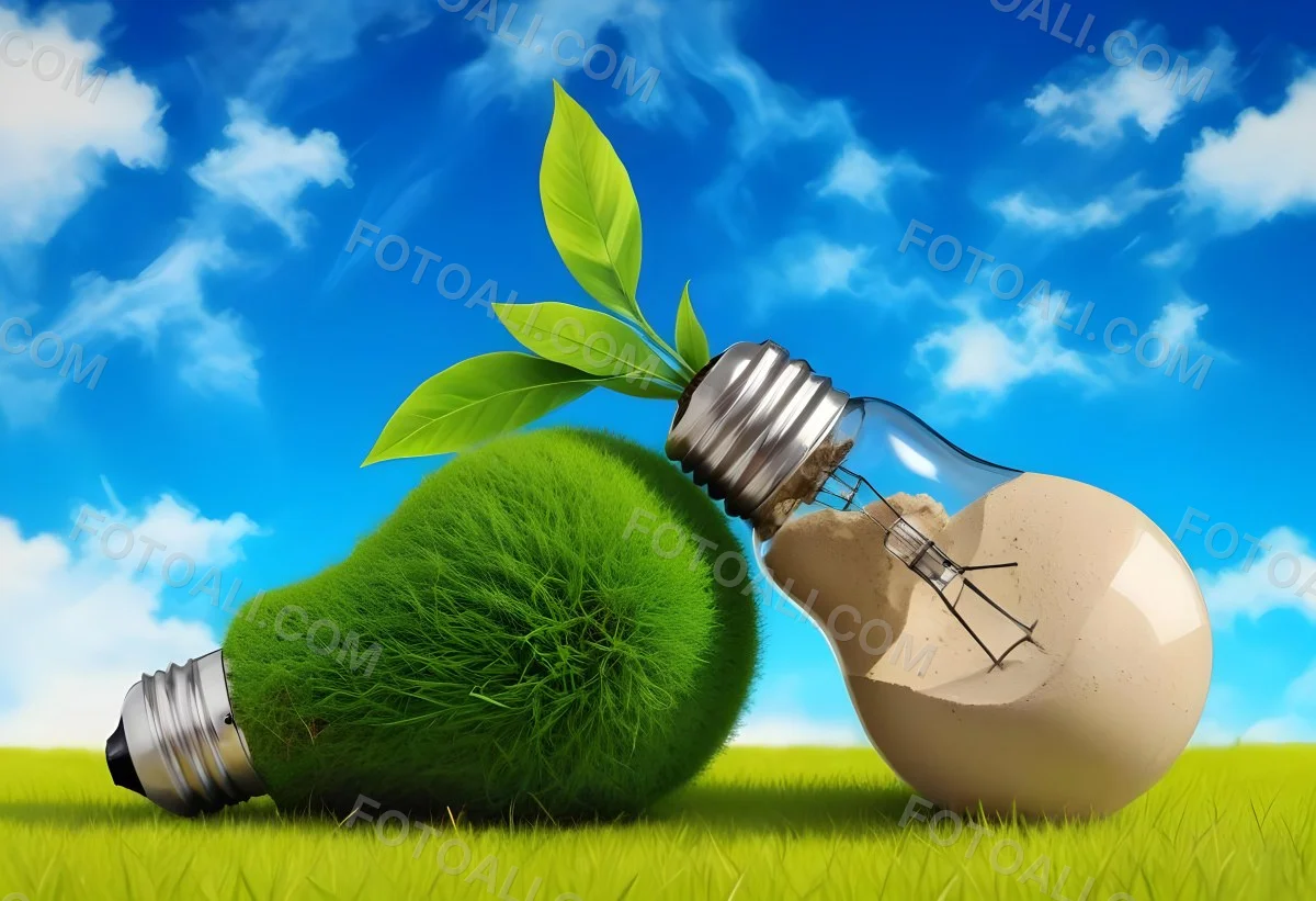 Two Light Bulbs One With Green Grass And Leaves Growing Out Of It The Other Filled With Sand On A Green Field With A Blue Sky 73 6d83