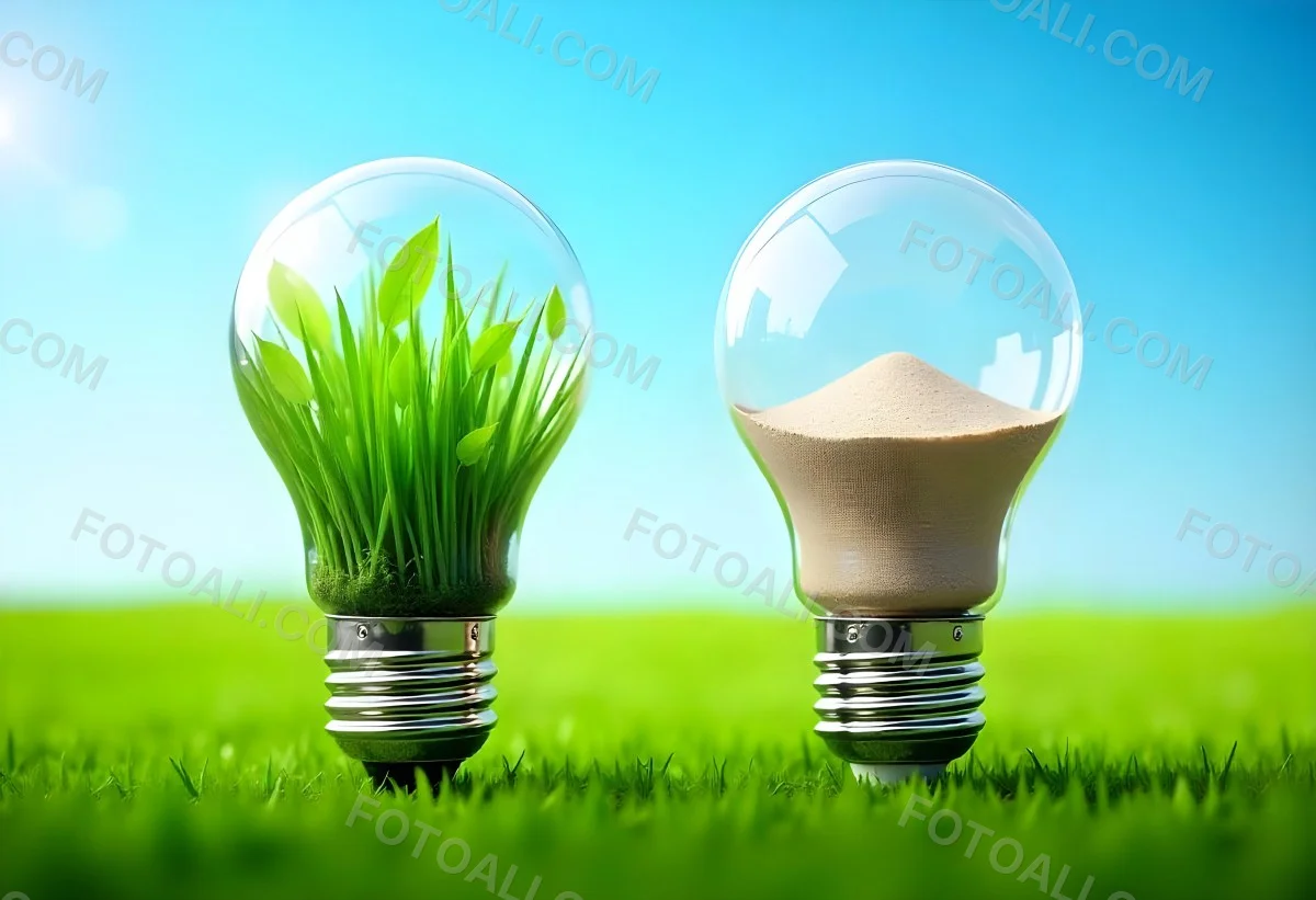 Two Light Bulbs One With Green Grass And Leaves Growing Out Of It The Other Filled With Sand On A Green Field With A Blue Sky 9 8769