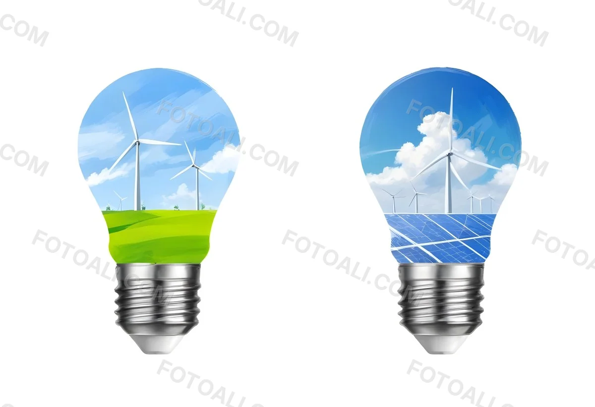 Two Light Bulbs One With Wind Turbines On A Green Field The Other With Wind Turbines And Solar Panels Against A Blue Sky With Clouds On A White Background 12 6fd8