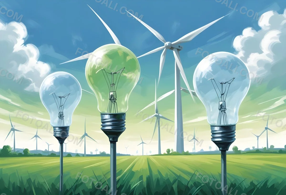 Two Light Bulbs One With Wind Turbines On A Green Field The Other With Wind Turbines And Solar Panels Against A Blue Sky With Clouds On A White Background 16 1e7f