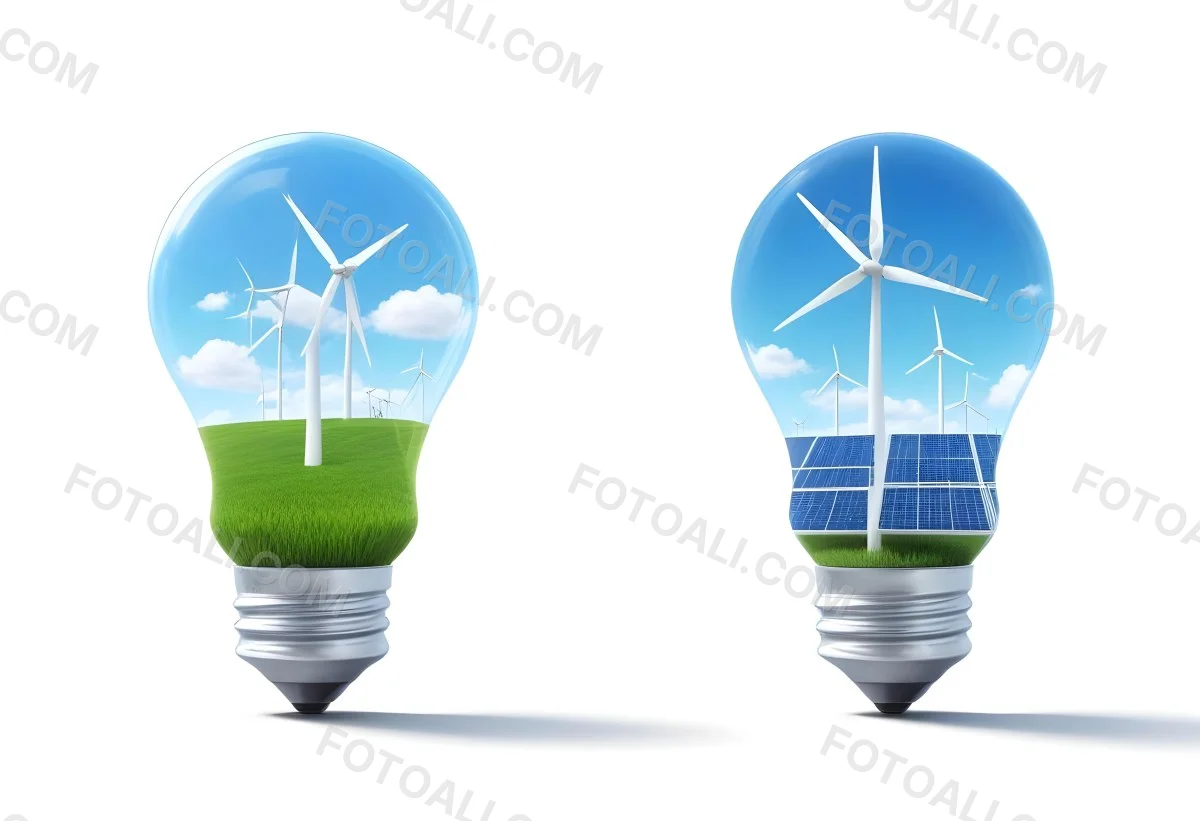 Two Light Bulbs One With Wind Turbines On A Green Field The Other With Wind Turbines And Solar Panels Against A Blue Sky With Clouds On A White Background 49 7e42