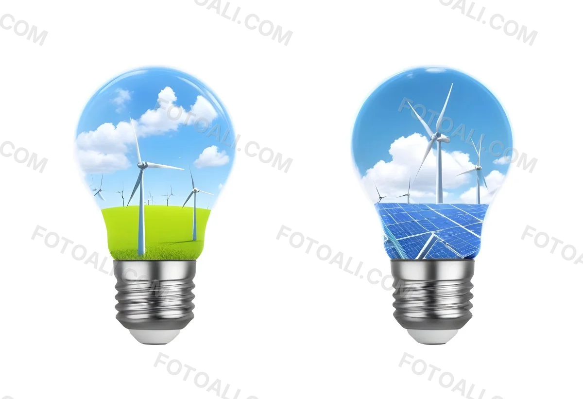 Two Light Bulbs One With Wind Turbines On A Green Field The Other With Wind Turbines And Solar Panels Against A Blue Sky With Clouds On A White Background 52 565f