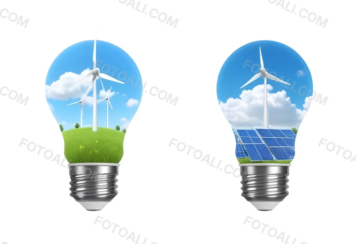 Two Light Bulbs One With Wind Turbines On A Green Field The Other With Wind Turbines And Solar Panels Against A Blue Sky With Clouds On A White Background 58 Ab3f