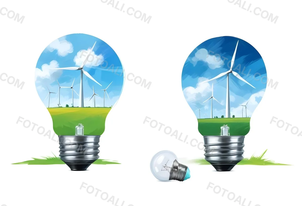 Two Light Bulbs One With Wind Turbines On A Green Field The Other With Wind Turbines And Solar Panels Against A Blue Sky With Clouds On A White Background 60 67ef