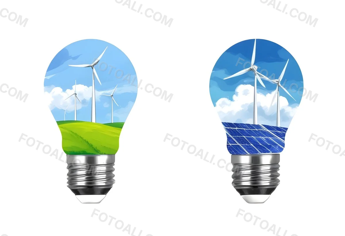 Two Light Bulbs One With Wind Turbines On A Green Field The Other With Wind Turbines And Solar Panels Against A Blue Sky With Clouds On A White Background 71 2653