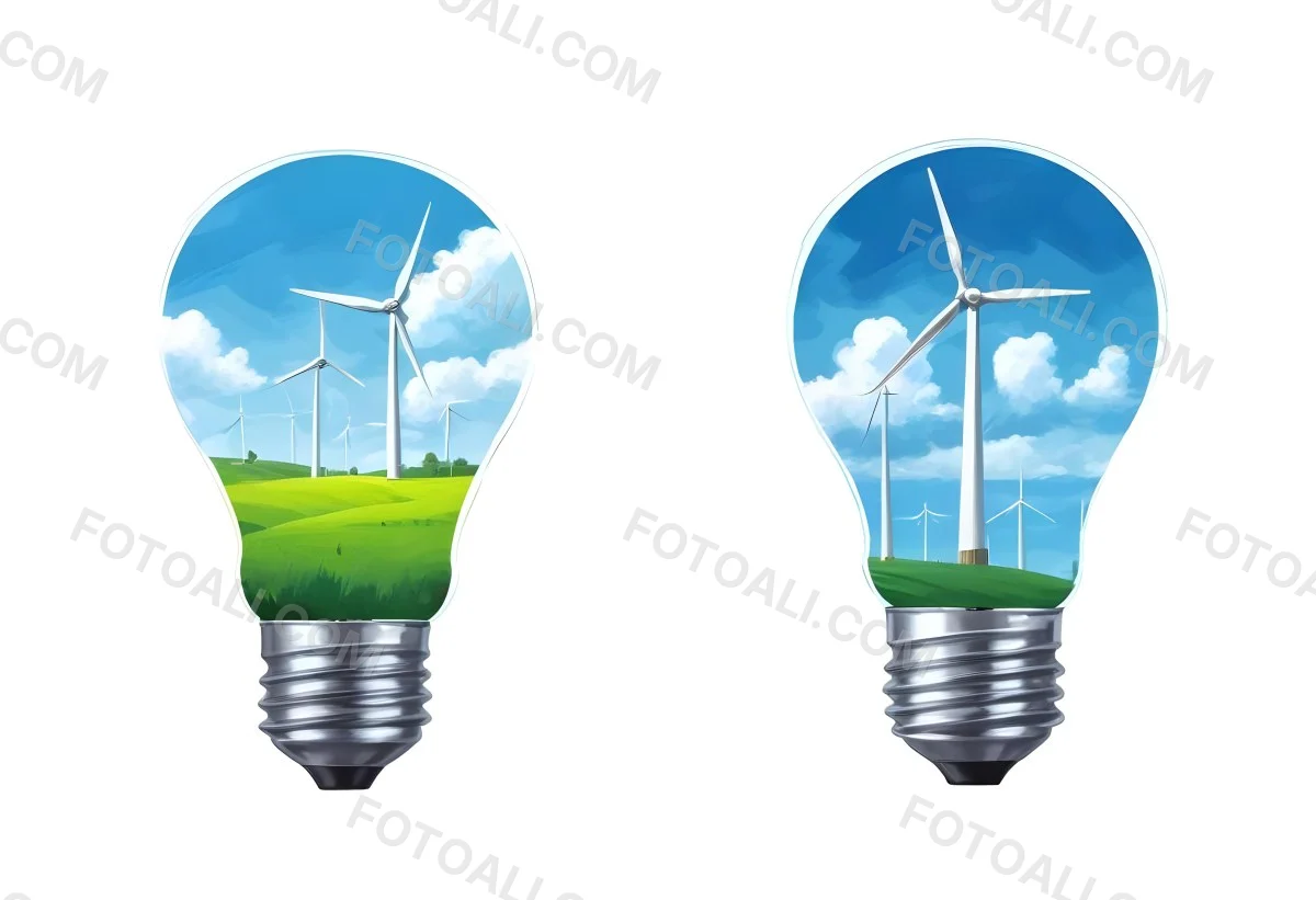 Two Light Bulbs One With Wind Turbines On A Green Field The Other With Wind Turbines And Solar Panels Against A Blue Sky With Clouds On A White Background 73 28a6