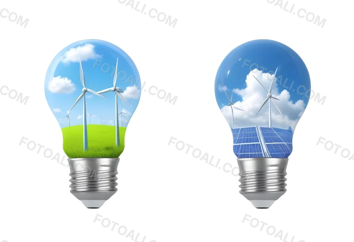 Two Light Bulbs One With Wind Turbines On A Green Field The Other With Wind Turbines And Solar Panels Against A Blue Sky With Clouds On A White Background 73 9f6b