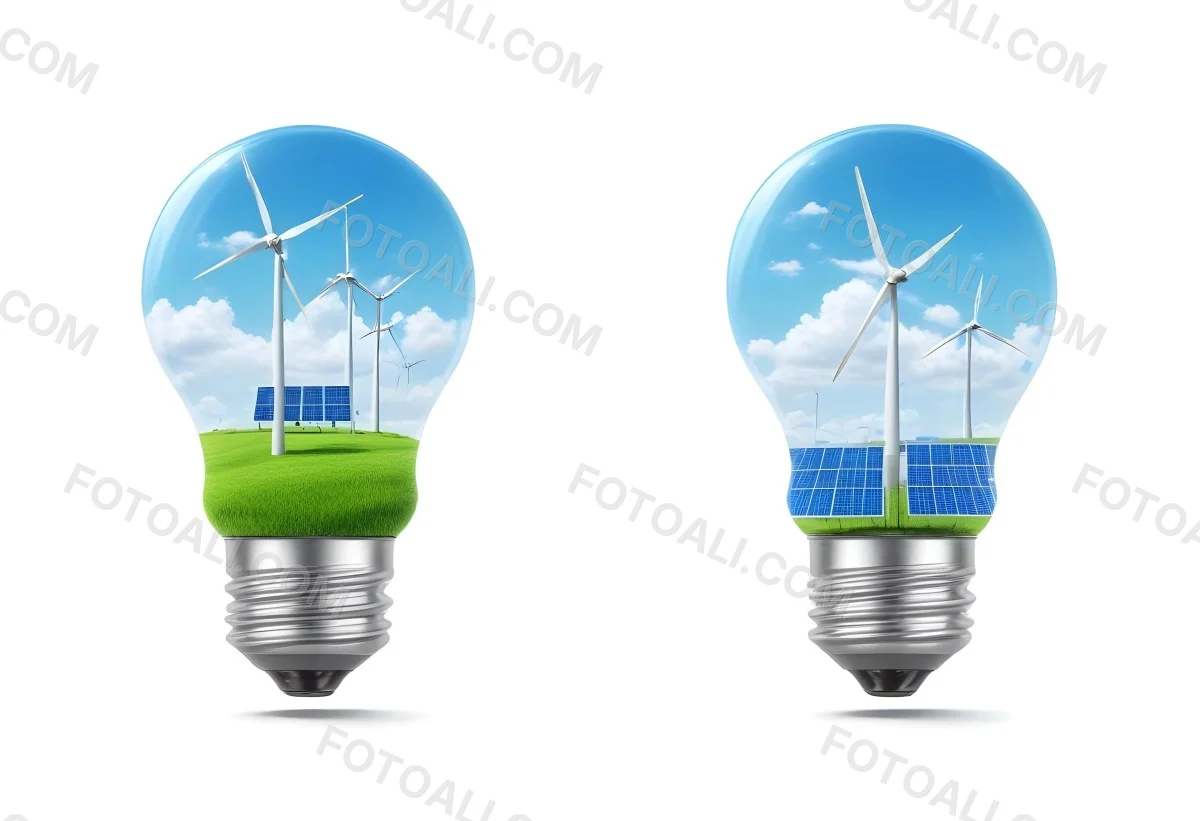 Two Light Bulbs One With Wind Turbines On A Green Field The Other With Wind Turbines And Solar Panels Against A Blue Sky With Clouds On A White Background 74 Bccc