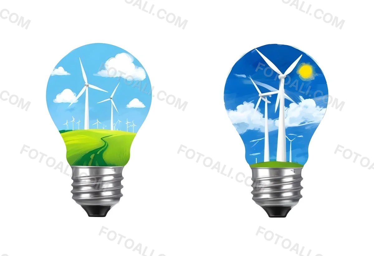 Two Light Bulbs One With Wind Turbines On A Green Field The Other With Wind Turbines And Solar Panels Against A Blue Sky With Clouds On A White Background 75 00e3
