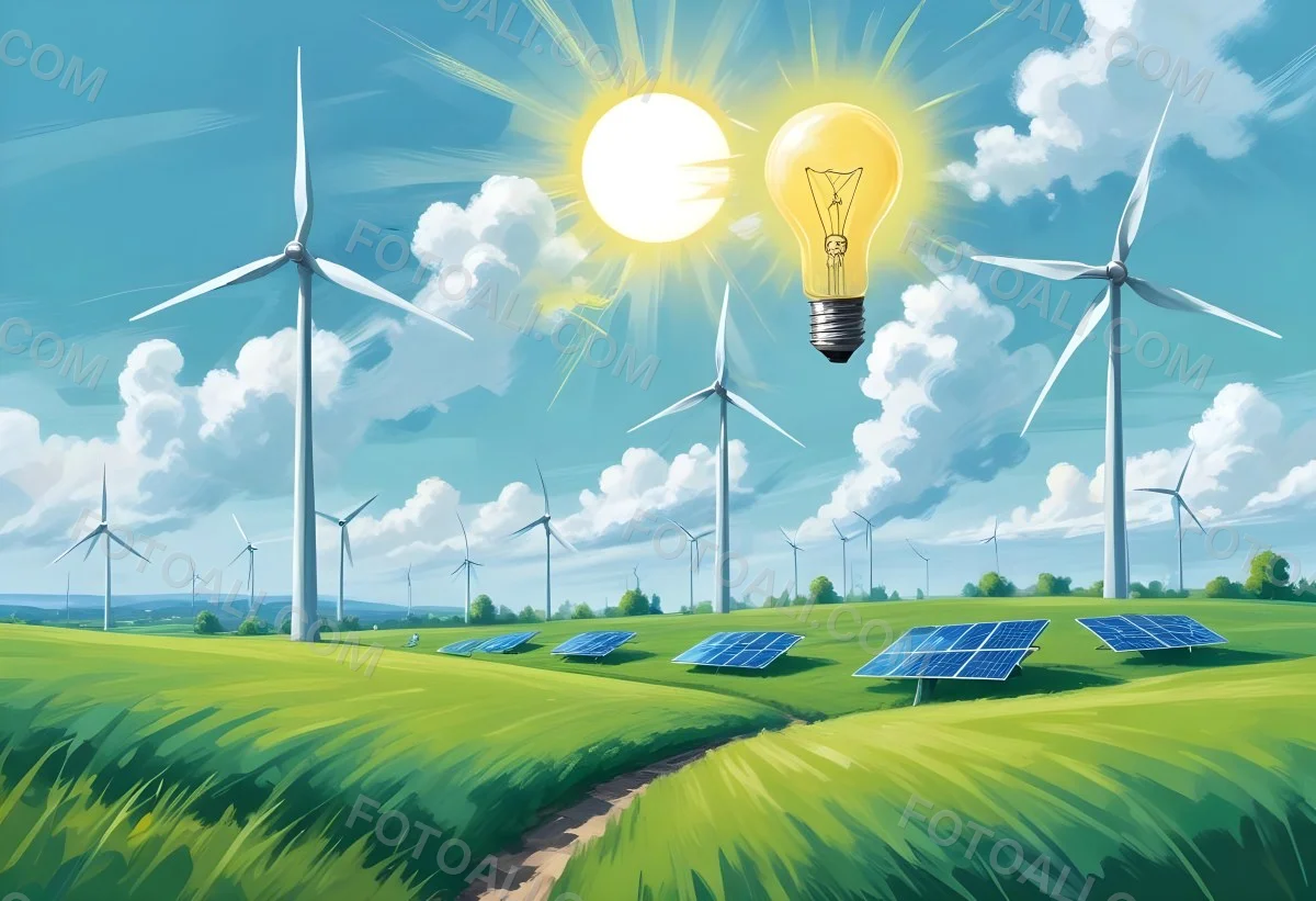 Two Light Bulbs One With Wind Turbines On A Green Field The Other With Wind Turbines And Solar Panels Against A Blue Sky With Clouds On A White Background 76 2eea