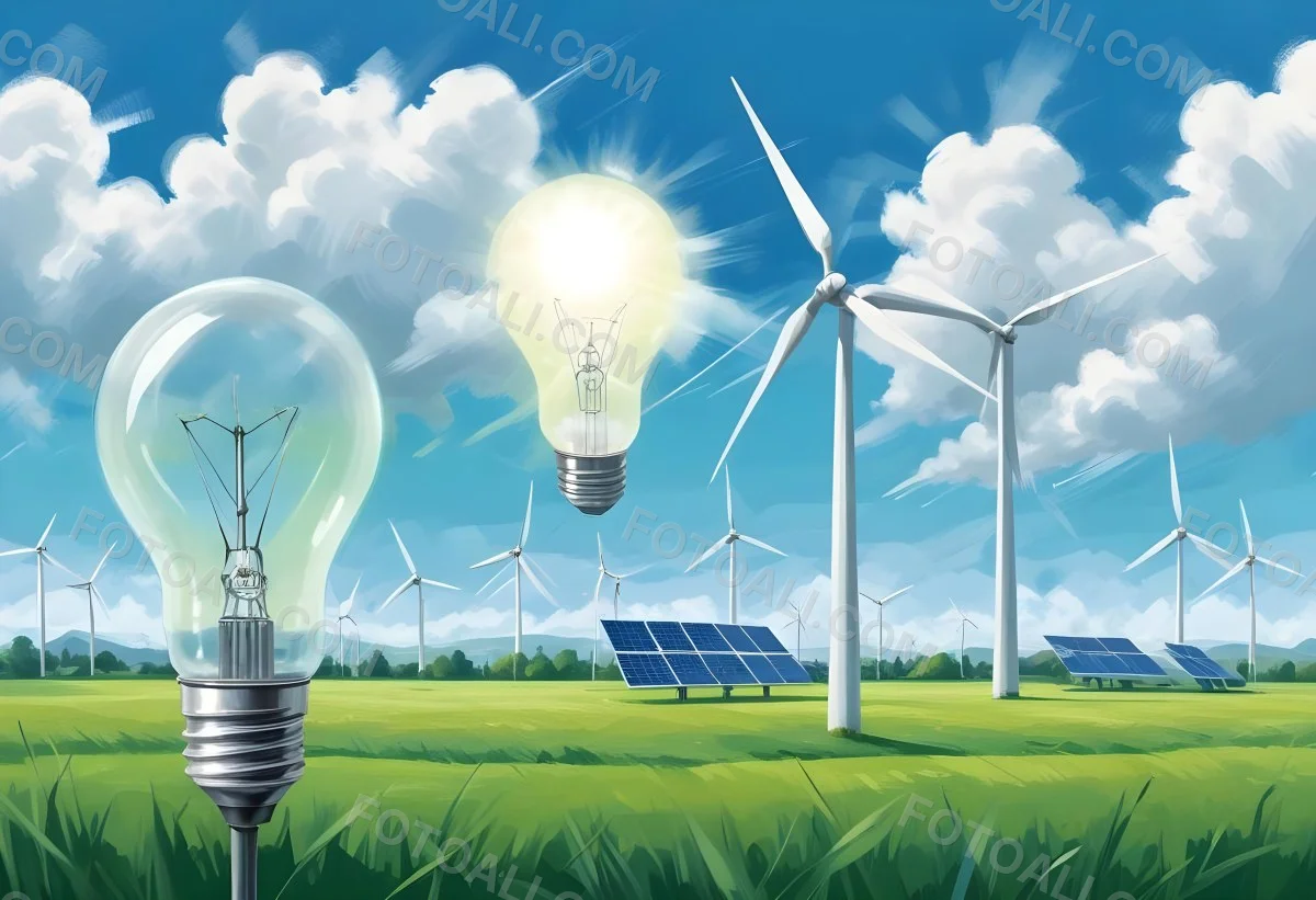 Two Light Bulbs One With Wind Turbines On A Green Field The Other With Wind Turbines And Solar Panels Against A Blue Sky With Clouds On A White Background 77 9b96