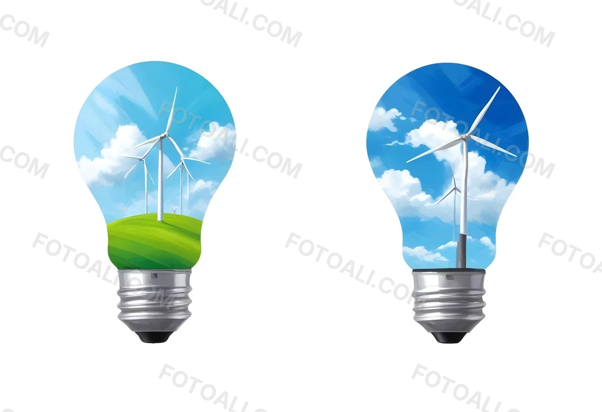 Two Light Bulbs One With Wind Turbines On A Green Field The Other With Wind Turbines And Solar Panels Against A Blue Sky With Clouds On A White Background 78 D093