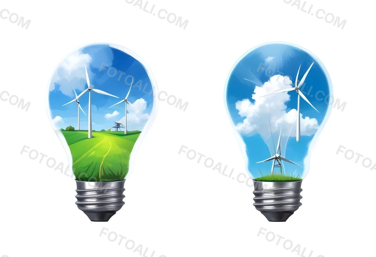 Two Light Bulbs One With Wind Turbines On A Green Field The Other With Wind Turbines And Solar Panels Against A Blue Sky With Clouds On A White Background 9 F8d3