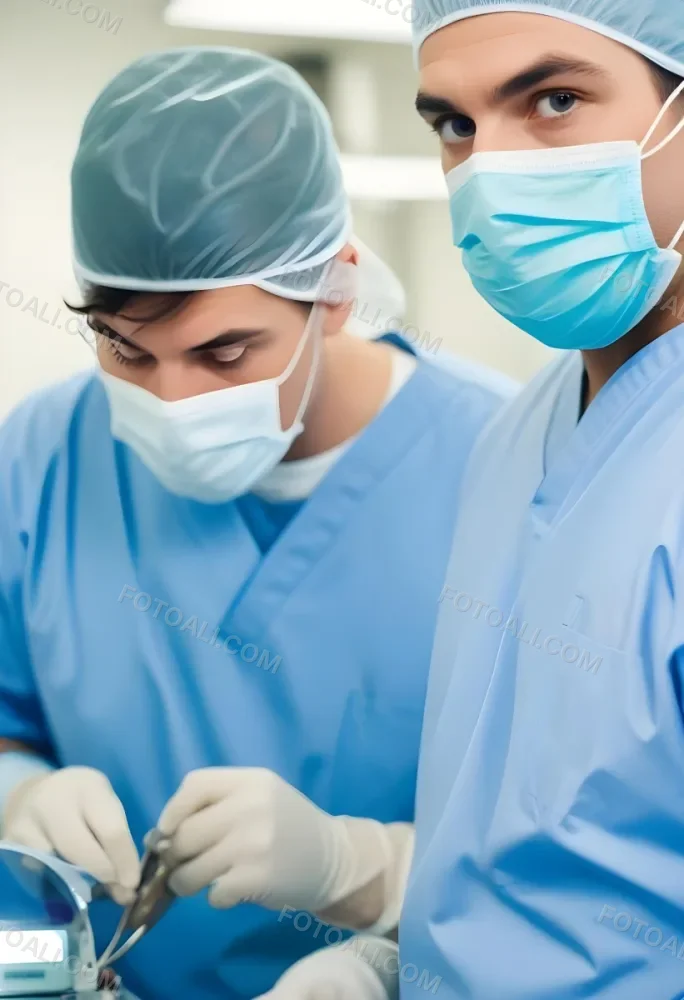 Two Male Surgeons In Surgical Scrubs And Masks One Wearing A Headlamp Engaged In A Medical Procedure The Background Is A Clinical Environment With Medical Equipment 15 D549