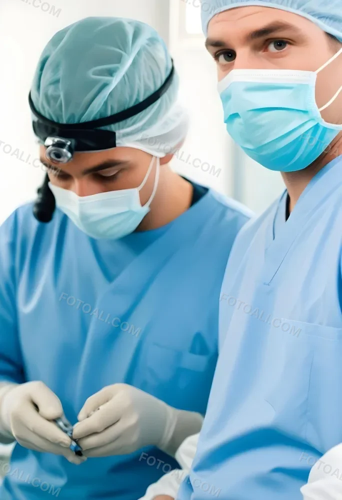 Two Male Surgeons In Surgical Scrubs And Masks One Wearing A Headlamp Engaged In A Medical Procedure The Background Is A Clinical Environment With Medical Equipment 16 B652