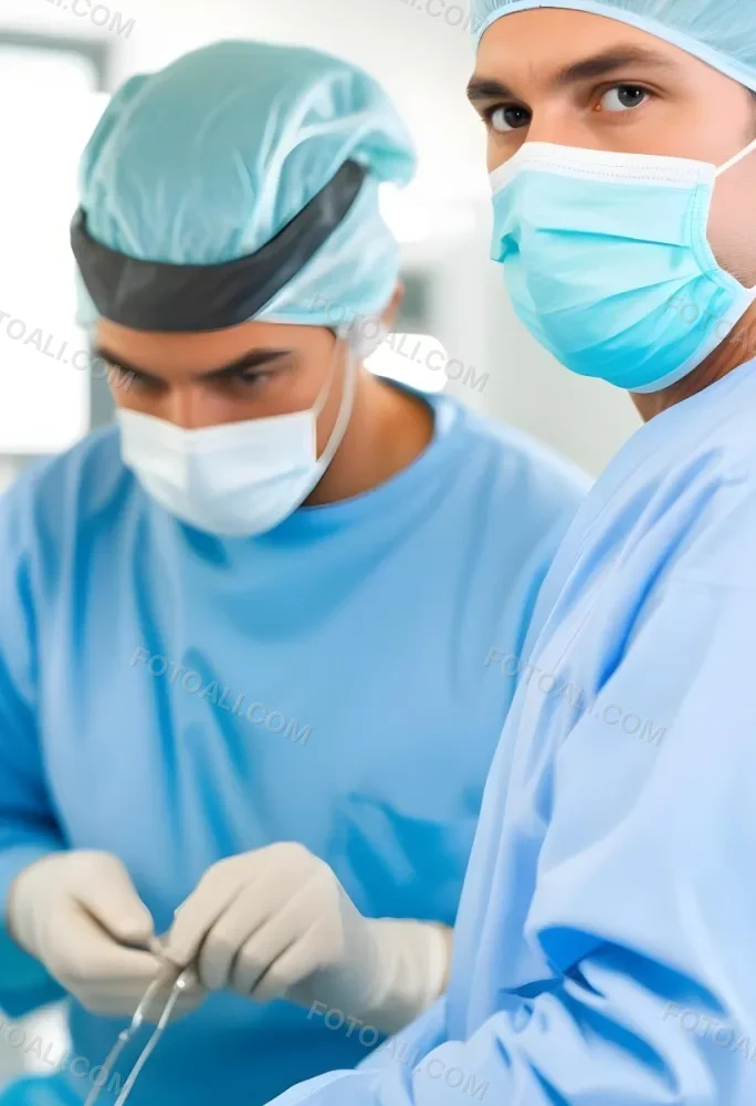 Two Male Surgeons In Surgical Scrubs And Masks One Wearing A Headlamp Engaged In A Medical Procedure The Background Is A Clinical Environment With Medical Equipment 2 E65c
