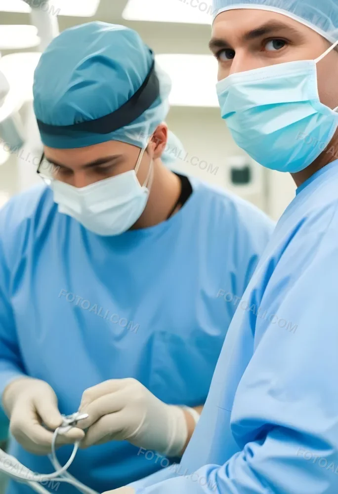 Two Male Surgeons In Surgical Scrubs And Masks One Wearing A Headlamp Engaged In A Medical Procedure The Background Is A Clinical Environment With Medical Equipment 7 C65c