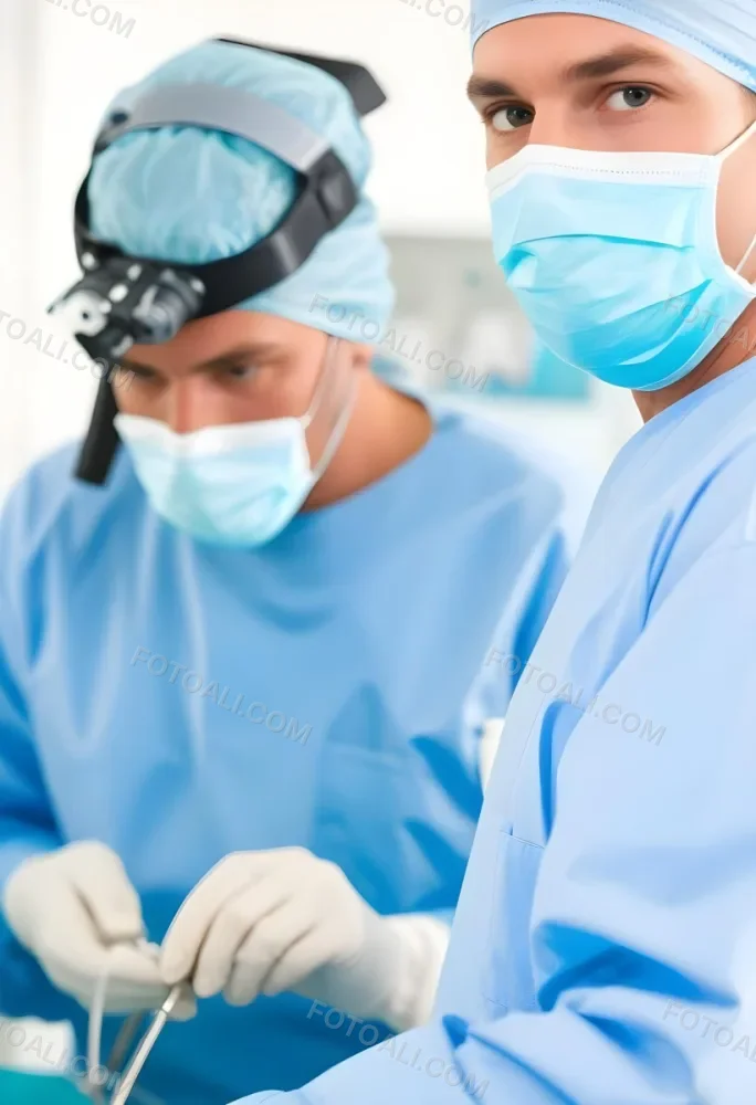 Two Male Surgeons In Surgical Scrubs And Masks One Wearing A Headlamp Engaged In A Medical Procedure The Background Is A Clinical Environment With Medical Equipment 9 800a