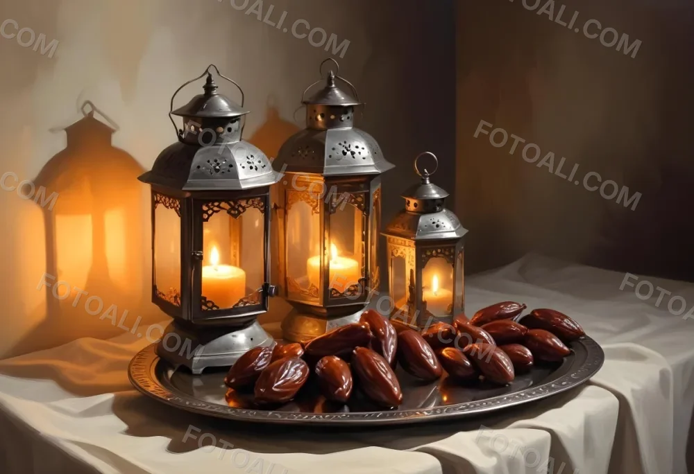 Two Metal Lanterns With Candles Inside And A Plate Of Dates On A Reflective Surface Warm Lighting Against A Plain Wall 11 8521