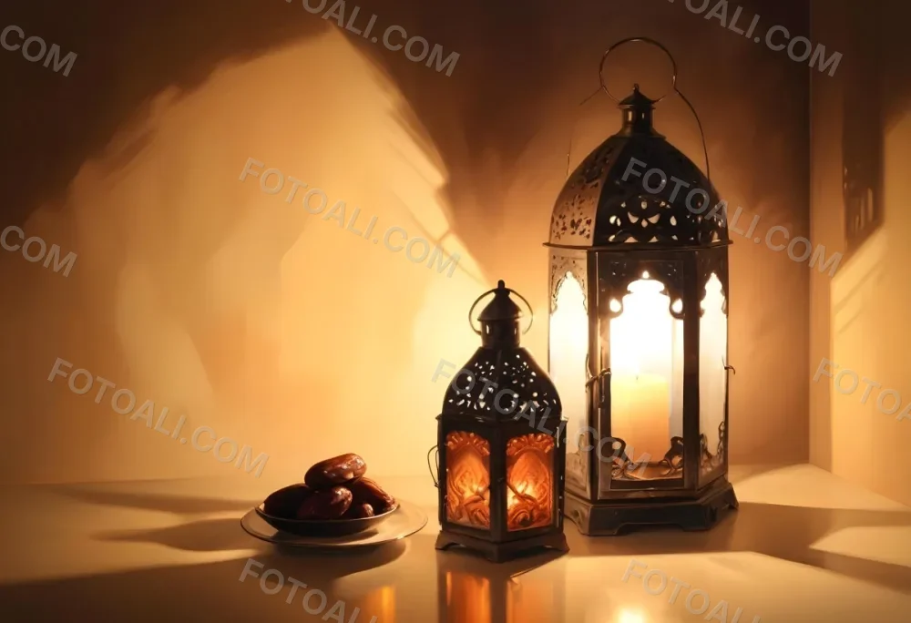 Two Metal Lanterns With Candles Inside And A Plate Of Dates On A Reflective Surface Warm Lighting Against A Plain Wall 17 8912