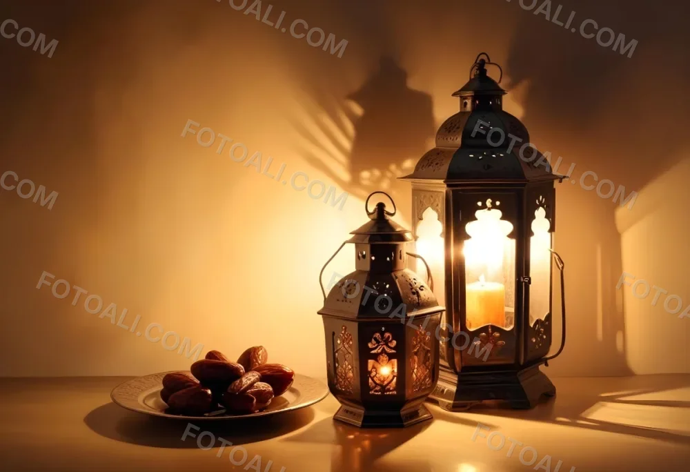 Two Metal Lanterns With Candles Inside And A Plate Of Dates On A Reflective Surface Warm Lighting Against A Plain Wall 24 2bb9