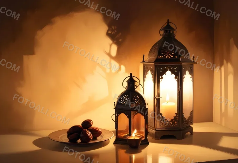 Two Metal Lanterns With Candles Inside And A Plate Of Dates On A Reflective Surface Warm Lighting Against A Plain Wall 27 70e2