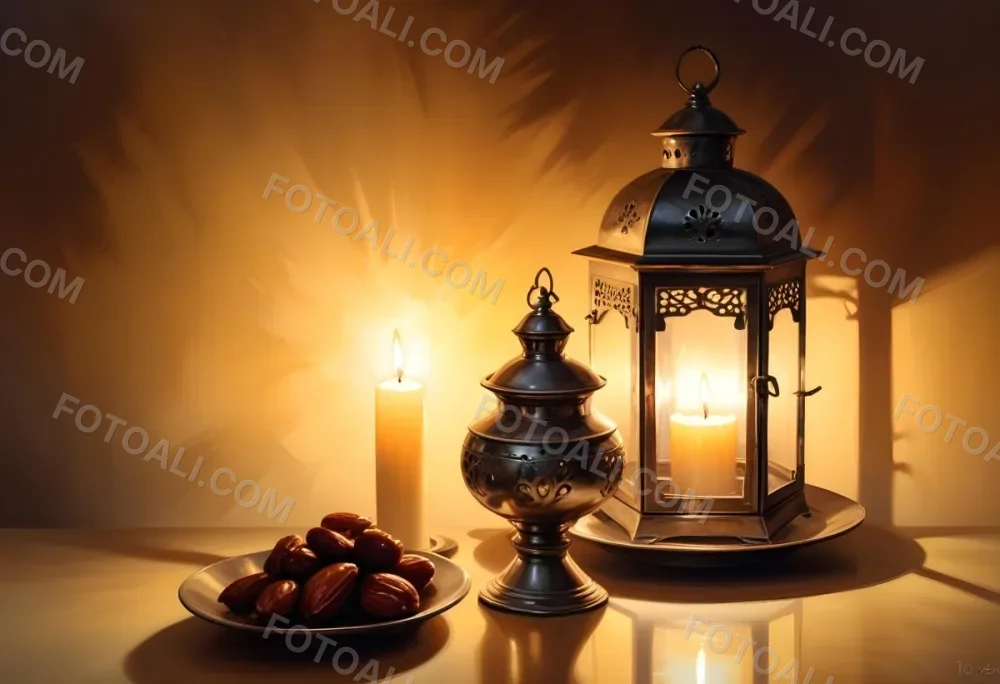 Two Metal Lanterns With Candles Inside And A Plate Of Dates On A Reflective Surface Warm Lighting Against A Plain Wall 3 5bb9