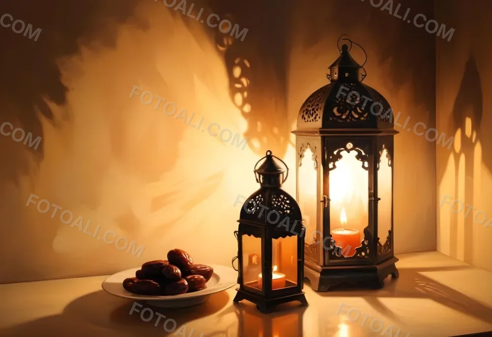 Two Metal Lanterns With Candles Inside And A Plate Of Dates On A Reflective Surface Warm Lighting Against A Plain Wall 31 65f5