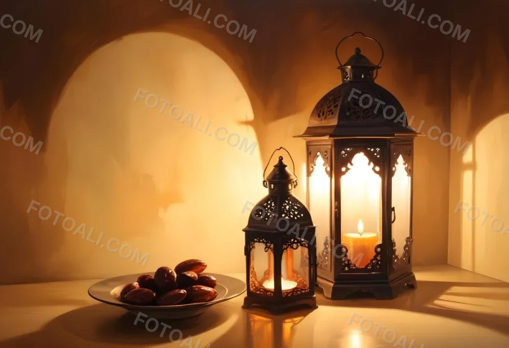 Two Metal Lanterns With Candles Inside And A Plate Of Dates On A Reflective Surface Warm Lighting Against A Plain Wall 32 11c9
