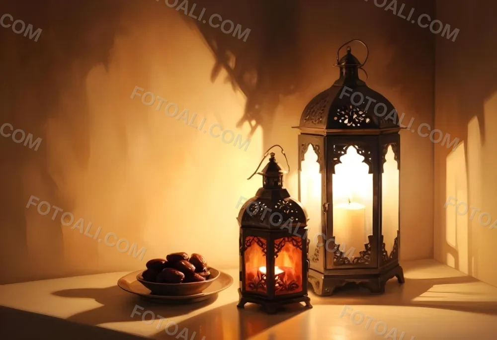 Two Metal Lanterns With Candles Inside And A Plate Of Dates On A Reflective Surface Warm Lighting Against A Plain Wall 33 Ecbd