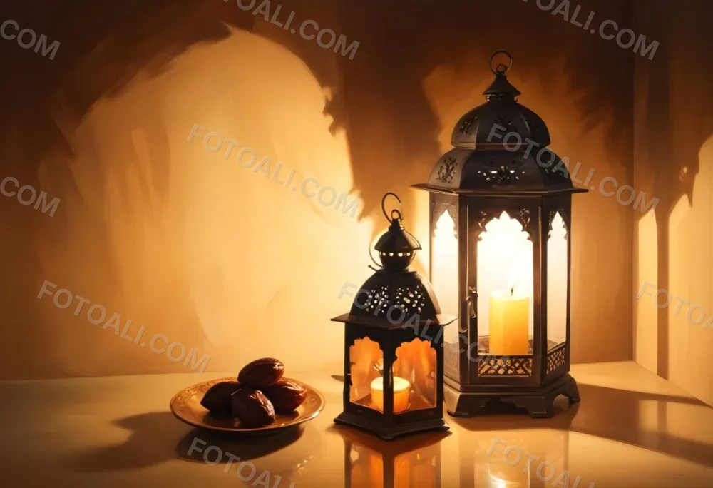 Two Metal Lanterns With Candles Inside And A Plate Of Dates On A Reflective Surface Warm Lighting Against A Plain Wall 4 C2d8