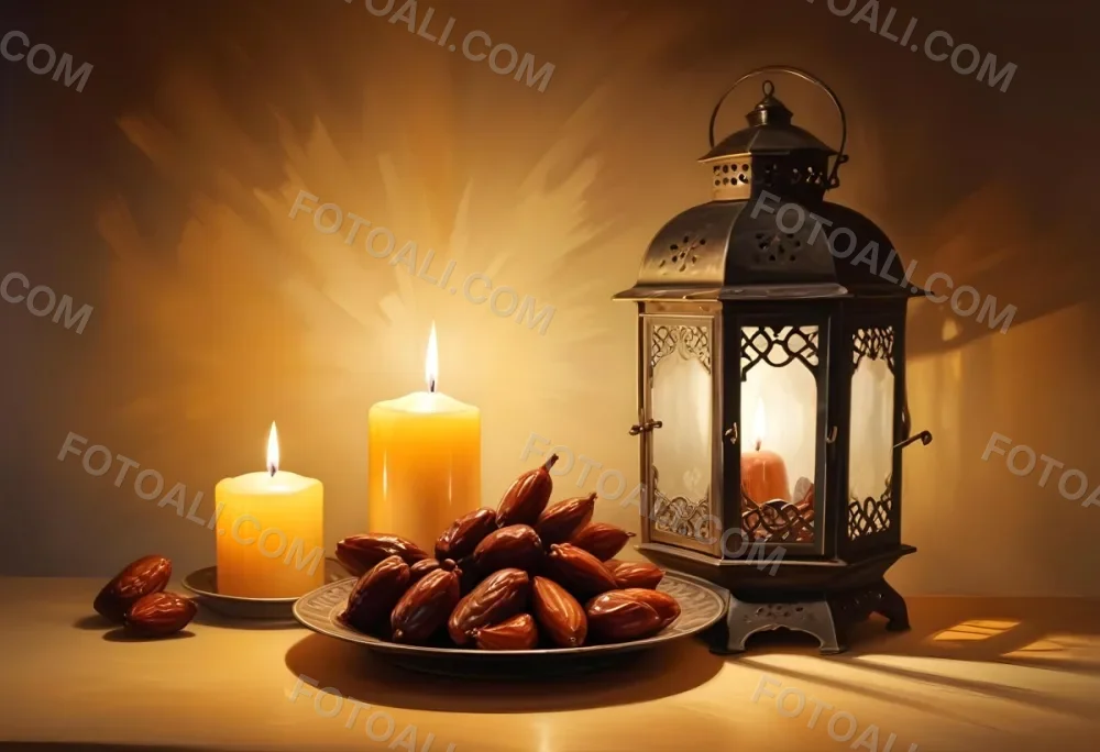 Two Metal Lanterns With Candles Inside And A Plate Of Dates On A Reflective Surface Warm Lighting Against A Plain Wall 5 C3b2