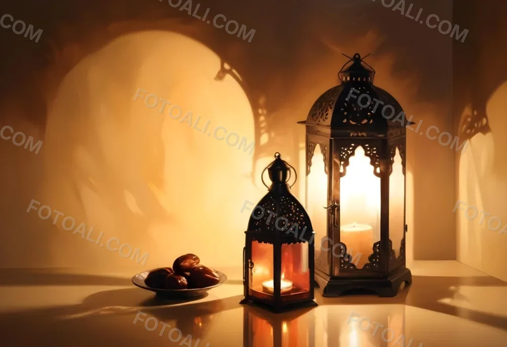 Two Metal Lanterns With Candles Inside And A Plate Of Dates On A Reflective Surface Warm Lighting Against A Plain Wall 6 22d9