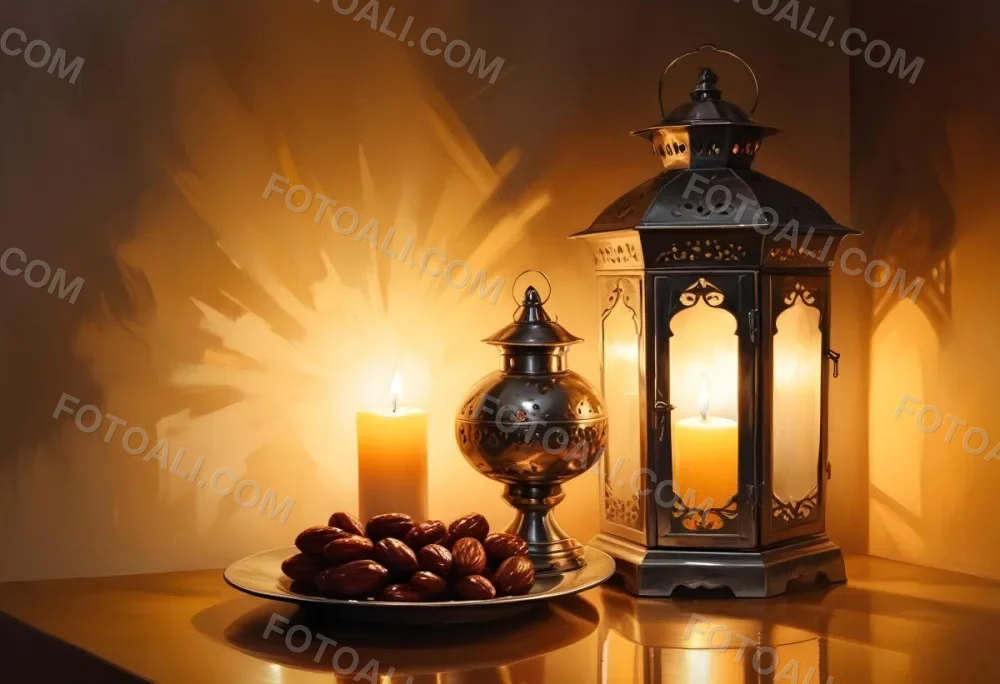 Two Metal Lanterns With Candles Inside And A Plate Of Dates On A Reflective Surface Warm Lighting Against A Plain Wall 7 5a02