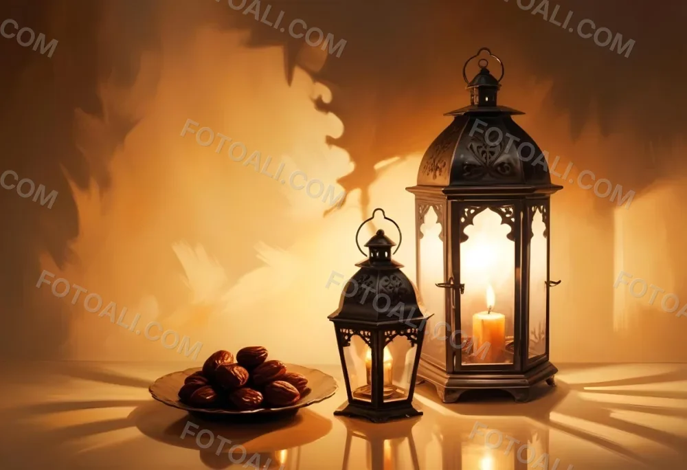 Two Metal Lanterns With Candles Inside And A Plate Of Dates On A Reflective Surface Warm Lighting Against A Plain Wall 8 890b
