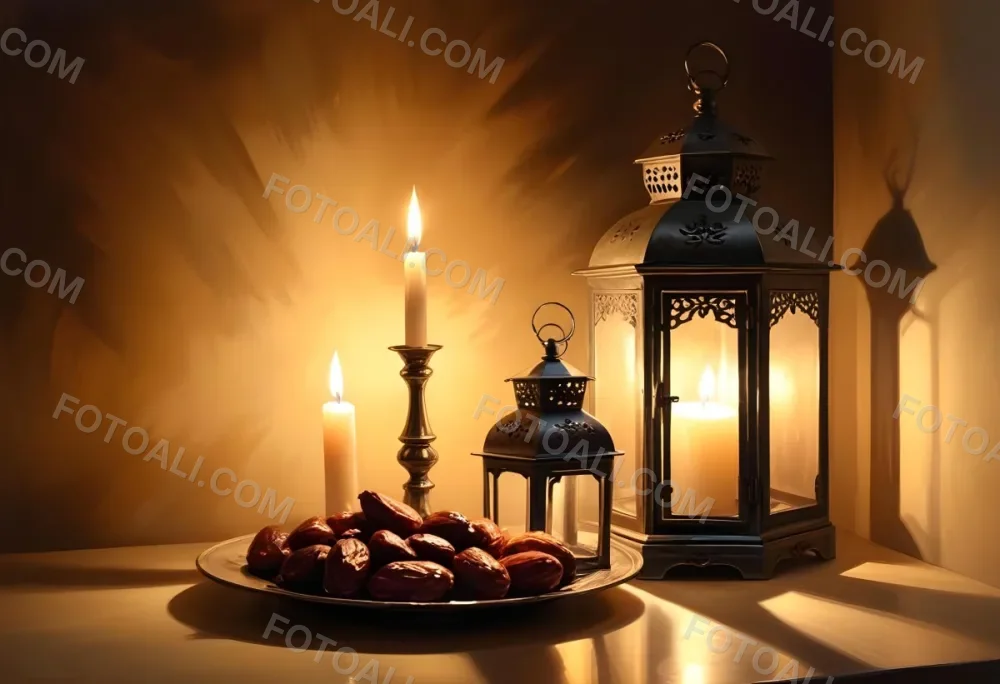 Two Metal Lanterns With Candles Inside And A Plate Of Dates On A Reflective Surface Warm Lighting Against A Plain Wall 9 9be8