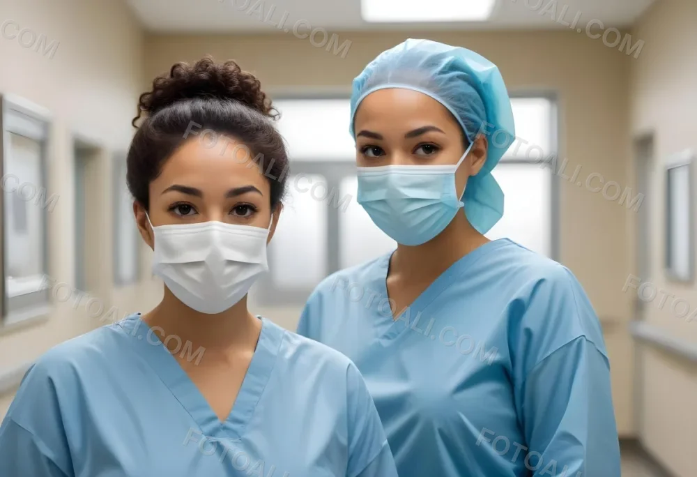 Two Mixed Race Women Average Age 30 Wearing Surgical Masks And Blue Gowns In A Hospital 1 8d1d